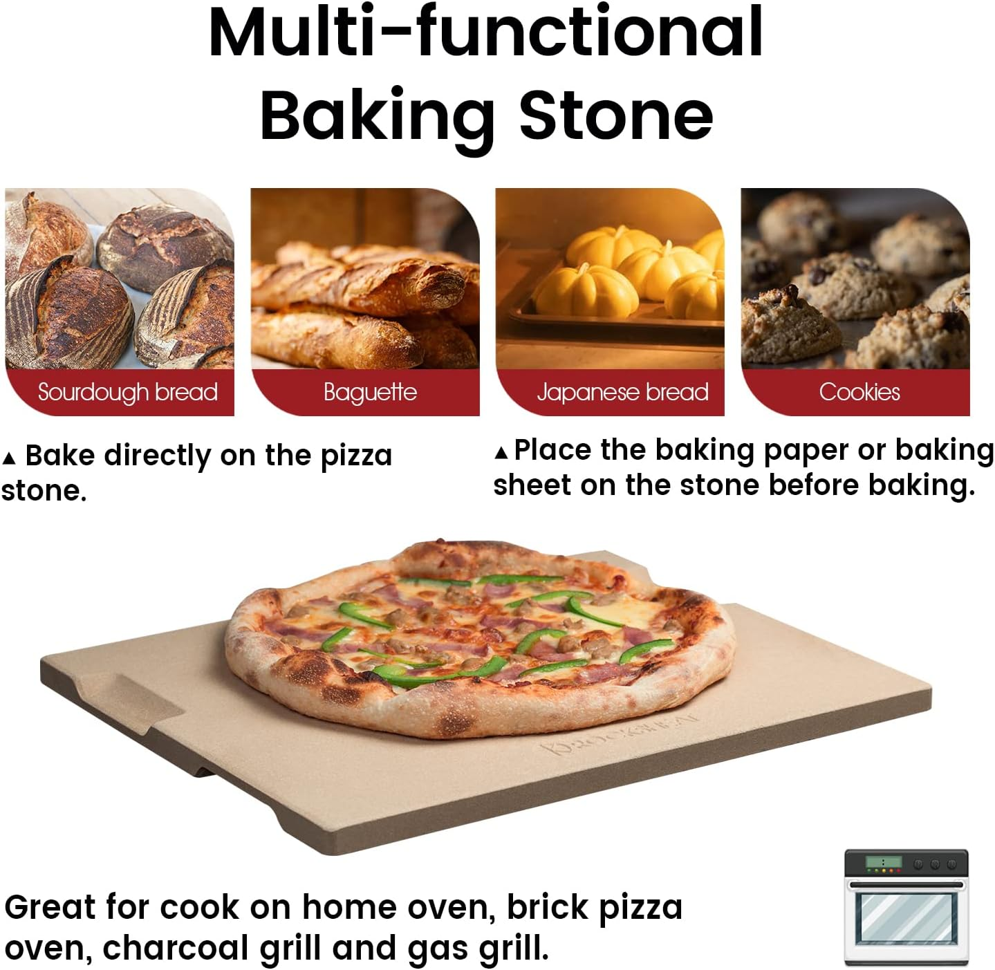 12" x 12" x 0.6" Square Pizza Grilling Stone with Handles