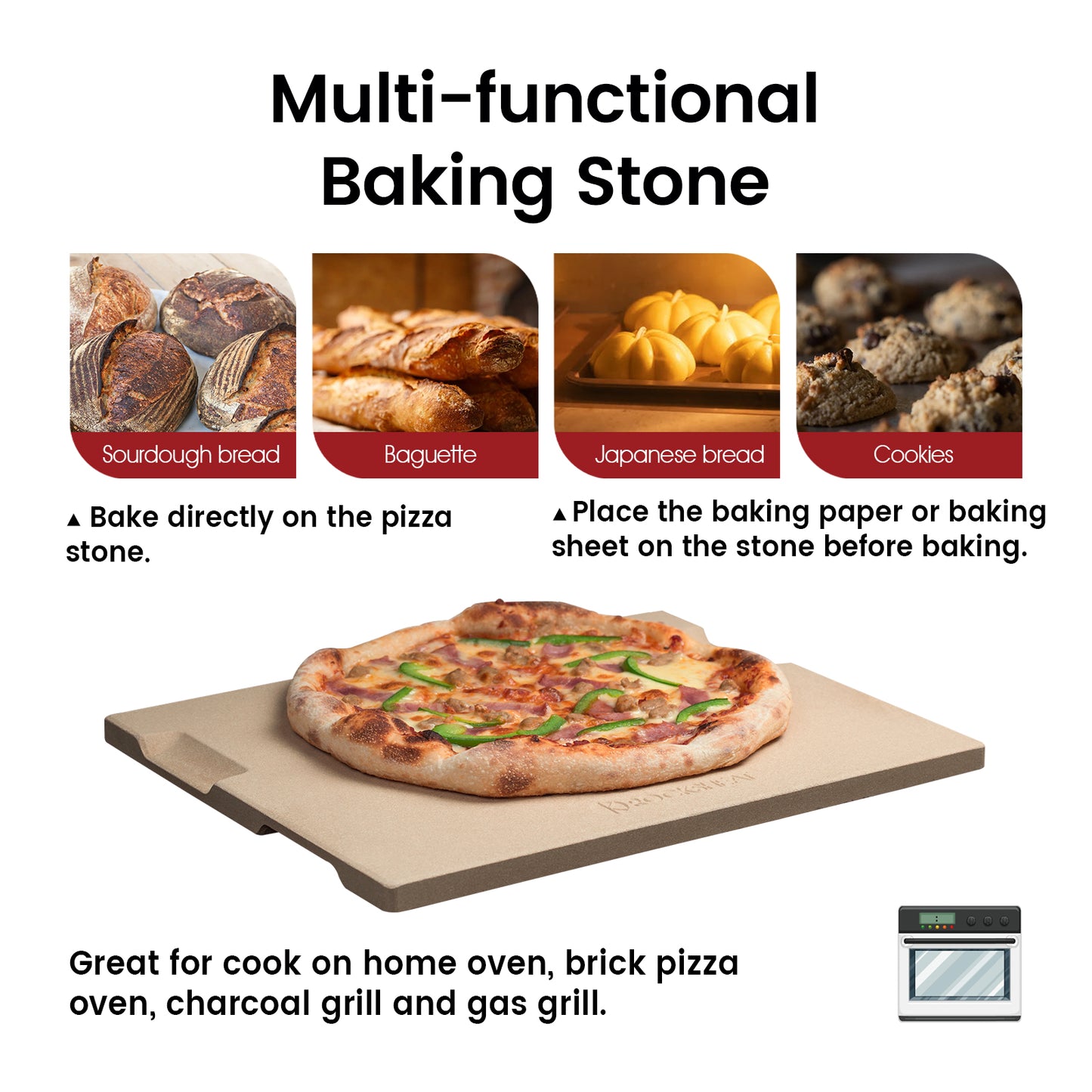 12 x 15 Inch Rectangular Baking & Grilling Stone with Handles